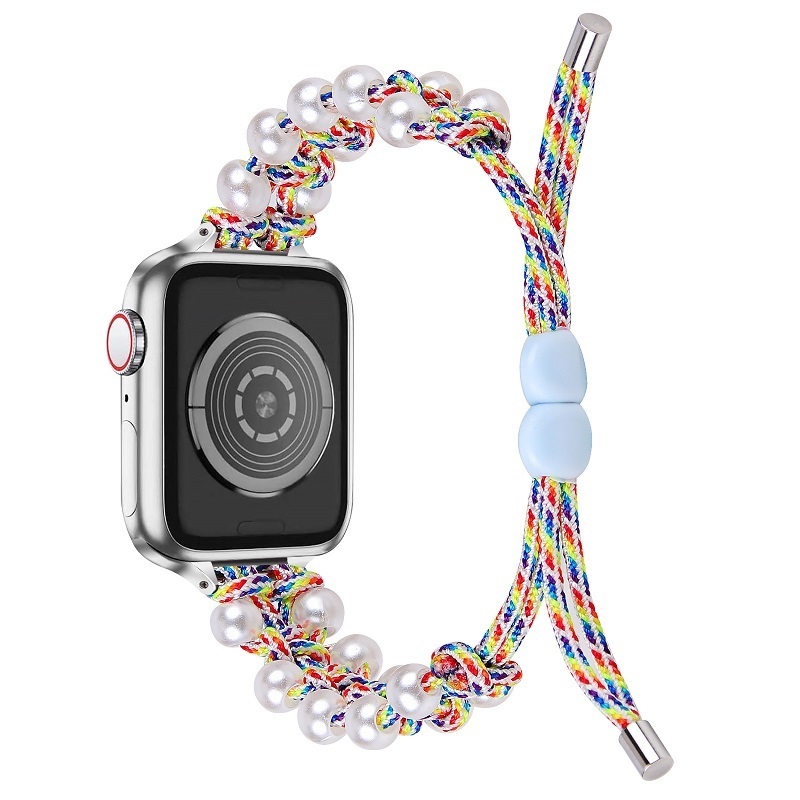 for Apple Watch 8 7 6 5 40mm 44mm 38mm 42mm Adjustable Pearls Parachute Rope Nylon Braided Watch Strap