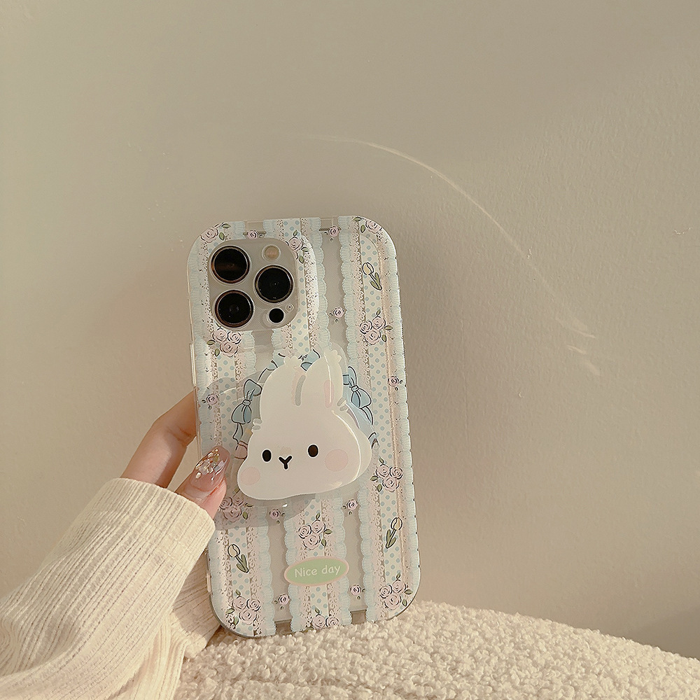 Transparent TPU Protector Cover For iphone 14 13 12 11 Pro Max Cartoon Lace Pink Flower Rabbit Stand Mobile Phone Case