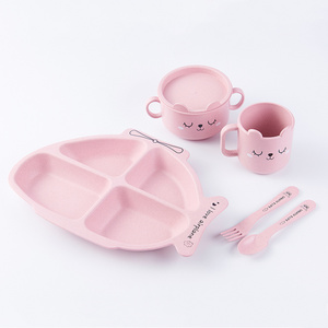 Wheat Straw Fiber Tableware Set Children Dinnerware Set Kids Tableware With Bowl Plate Cup Cutlery Set