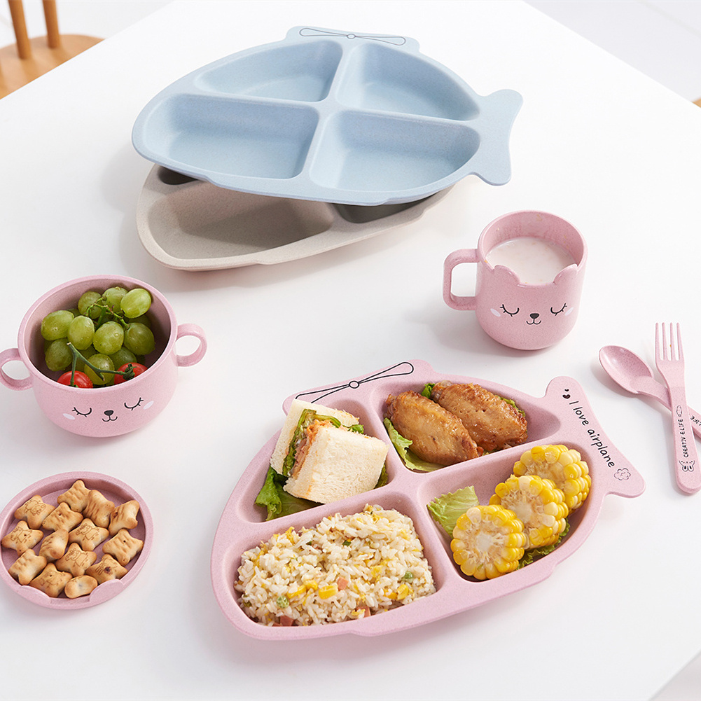 Wheat Straw Fiber Tableware Set Children Dinnerware Set Kids Tableware With Bowl Plate Cup Cutlery Set