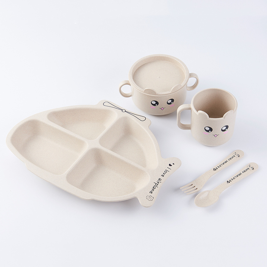 Wheat Straw Fiber Tableware Set Children Dinnerware Set Kids Tableware With Bowl Plate Cup Cutlery Set