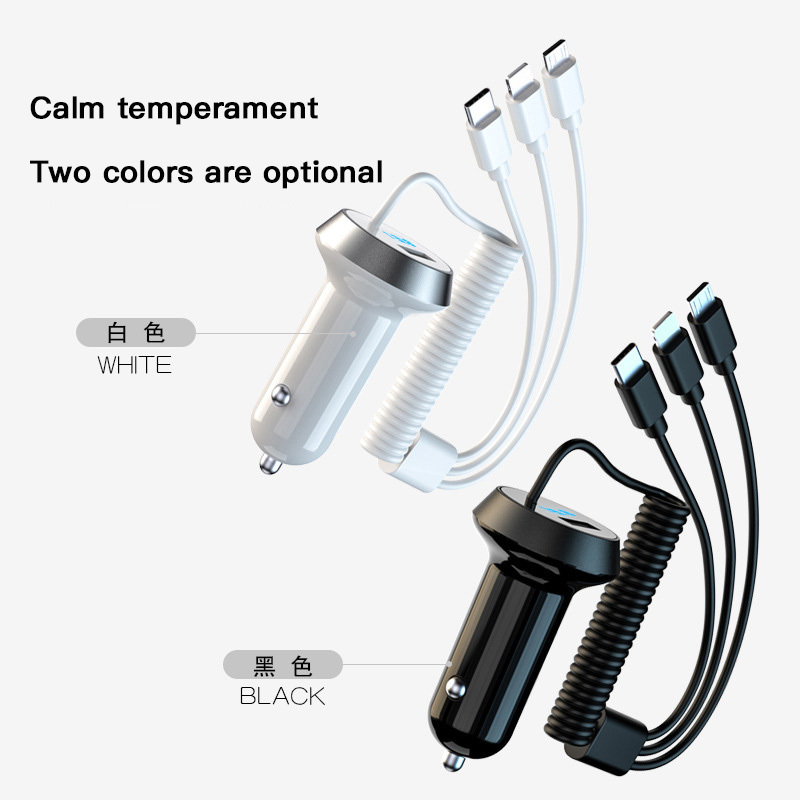 Hot Sell 1 Port Fast Car USB Chargers Single USB Port Quick Charging Car Charger With 3 In 1 Spring Charge Usb Cable