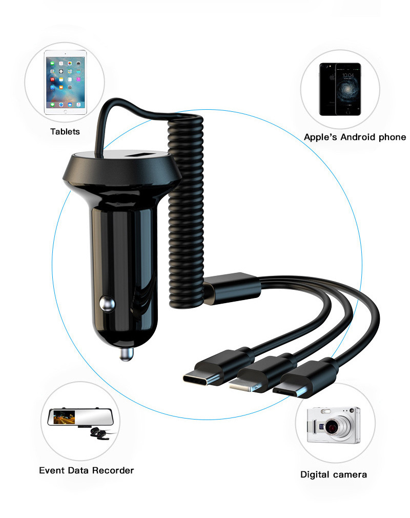 Hot Sell 1 Port Fast Car USB Chargers Single USB Port Quick Charging Car Charger With 3 In 1 Spring Charge Usb Cable