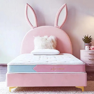 Low MOQ Children Cute Rabbit King Size Pink Bed Frames Headboard Modern Up-Holstered Kids' Beds Furniture