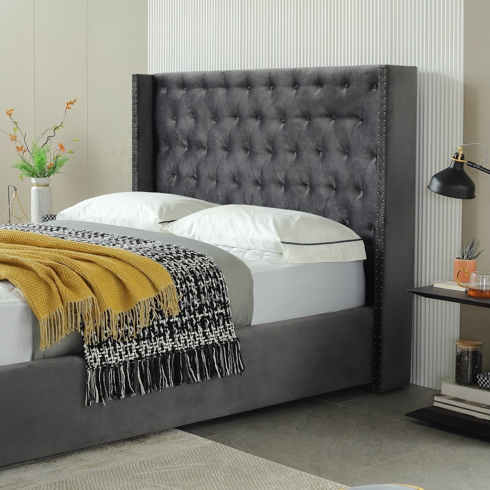 new elegant design velvet fabric bed frames button tufted headboard linen full size solid wood slat up-holstered beds