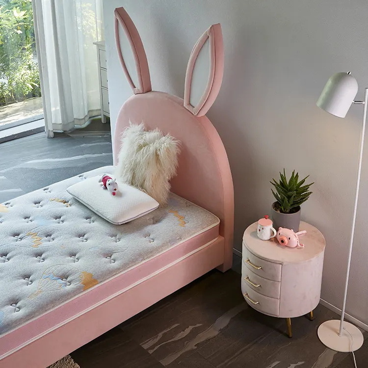 Low MOQ Children Cute Rabbit King Size Pink Bed Frames Headboard Modern Up-Holstered Kids' Beds Furniture