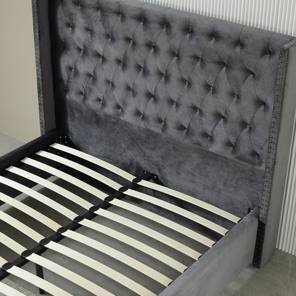 new elegant design velvet fabric bed frames button tufted headboard linen full size solid wood slat up-holstered beds