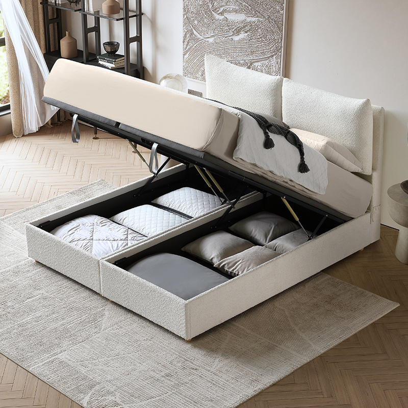 Modern Beige Gas Lift Up Storage Platform Box Bed Frame Queen Size Up-holstered Beds King with Tufted Headboard