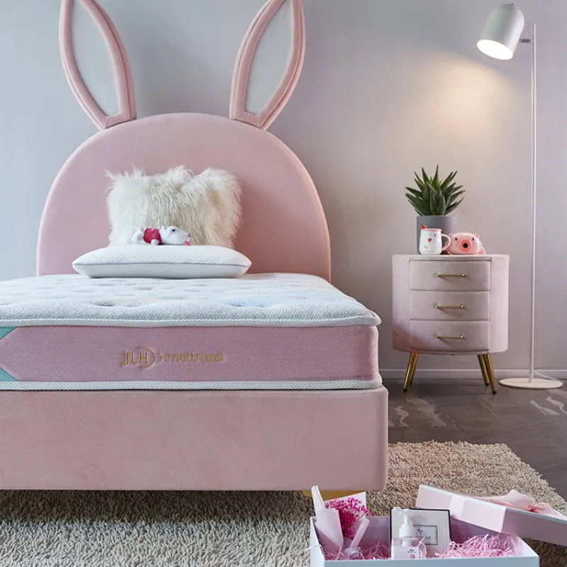 Low MOQ Children Cute Rabbit King Size Pink Bed Frames Headboard Modern Up-Holstered Kids' Beds Furniture