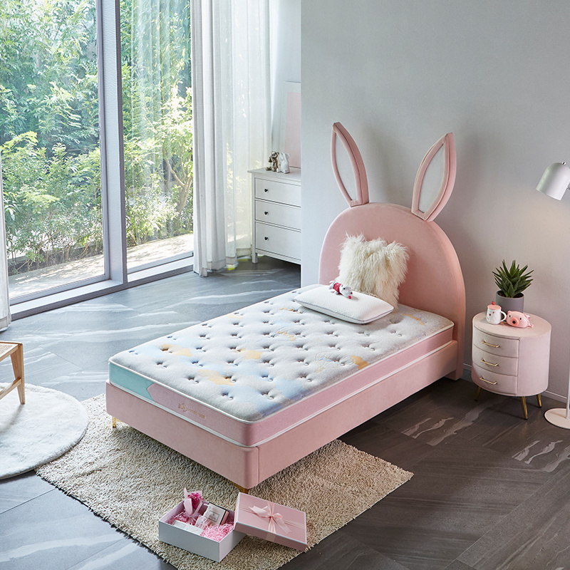 Low MOQ Children Cute Rabbit King Size Pink Bed Frames Headboard Modern Up-Holstered Kids' Beds Furniture