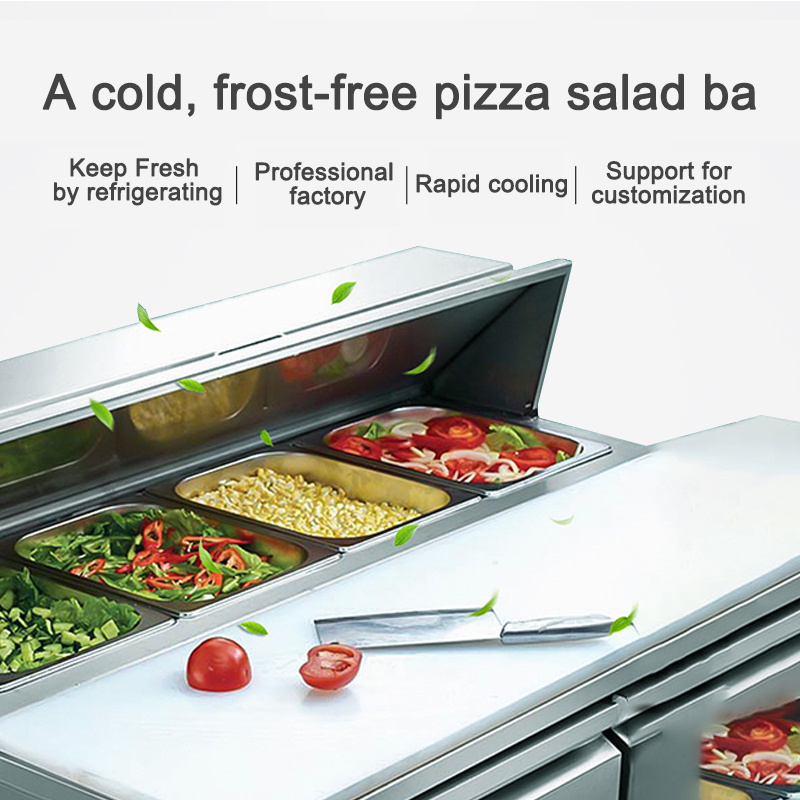 Stainless steel pizza preparation table salad bar table display refrigerator cabinet