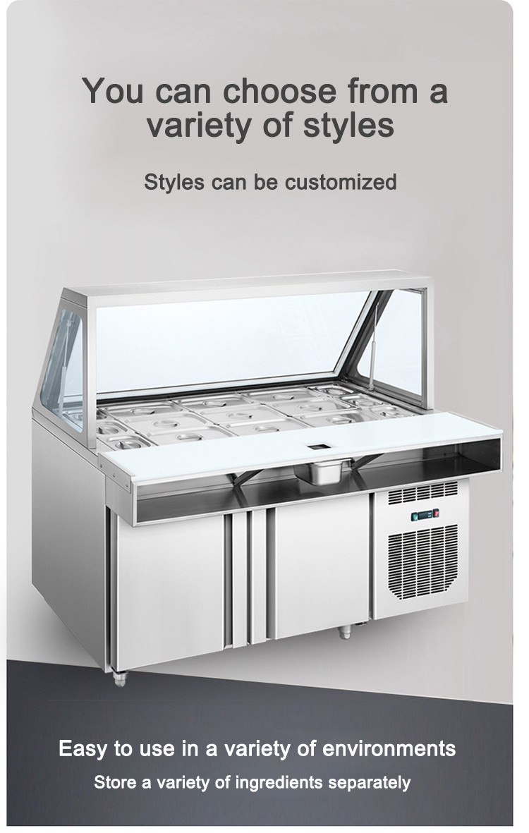 Stainless steel pizza preparation table salad bar table display refrigerator cabinet