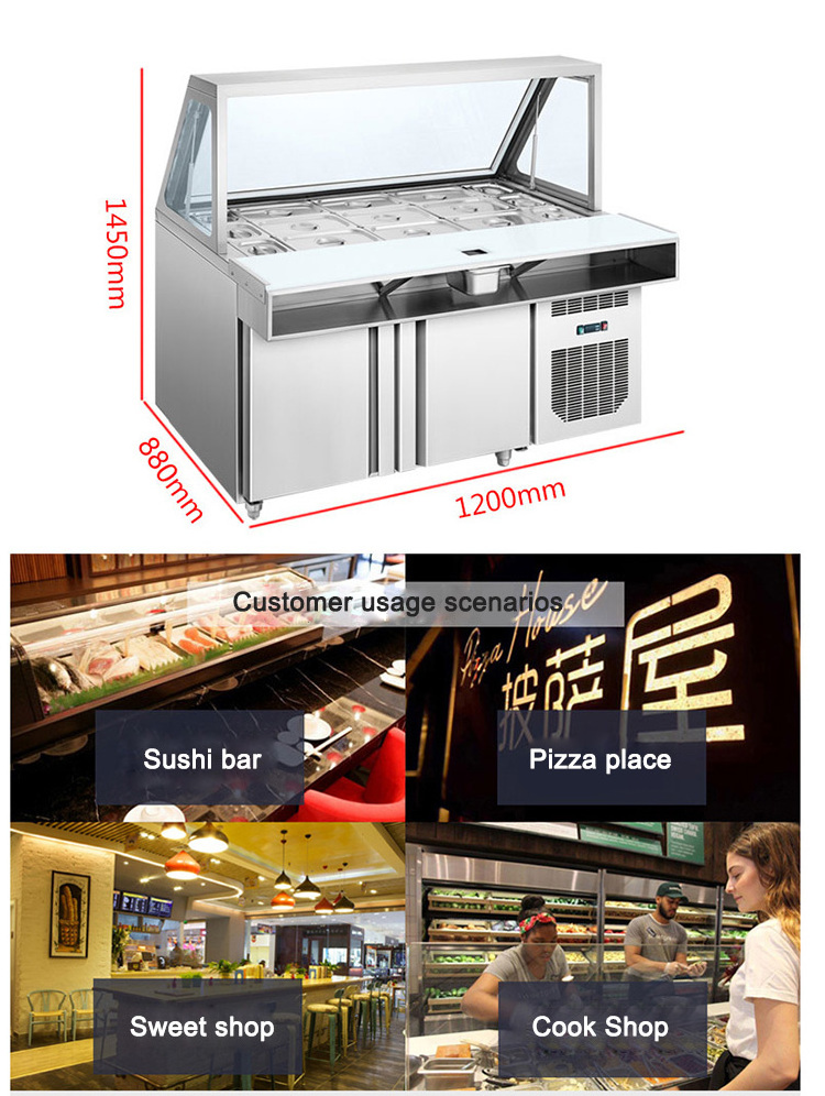 Stainless steel pizza preparation table salad bar table display refrigerator cabinet