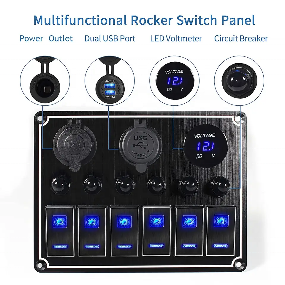 MICTUNING Pre-Wired Multi-Function 6Gang 12V/24V Aluminum Car 5pin on-off Rocker Switch Panel