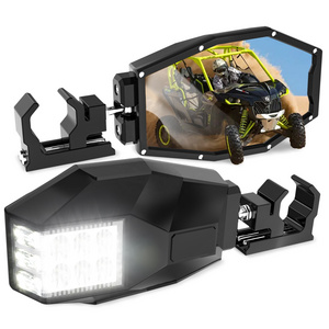 MICTUNING Adjustable White LED Lights 45W TV RZR Side Rear View Mirrors Fits All 1-2 Inch Roll Bar Cage