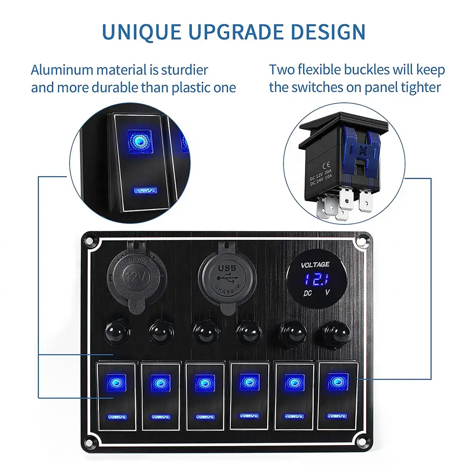 MICTUNING Pre-Wired Multi-Function 6Gang 12V/24V Aluminum Car 5pin on-off Rocker Switch Panel