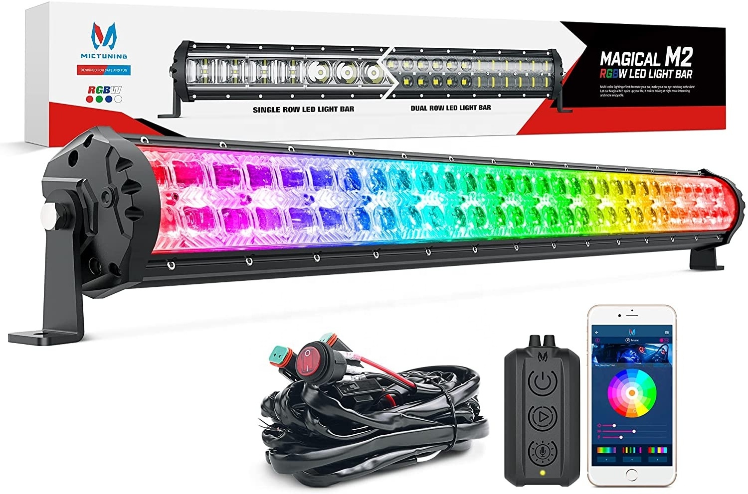 MICTUNING M2 RGBW Dual Row 22/32/42/52 Inch APP Control Off Road Driving Light Combo Work Light LED Light Bar