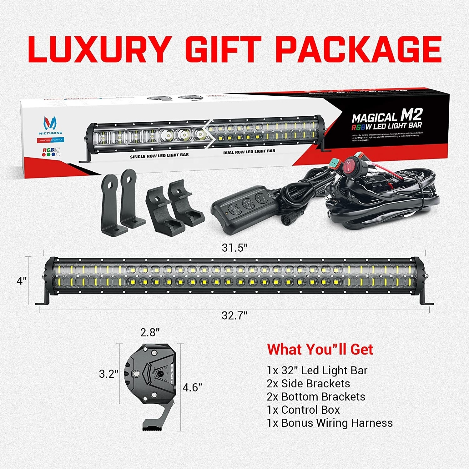 MICTUNING M2 RGBW Dual Row 22/32/42/52 Inch APP Control Off Road Driving Light Combo Work Light LED Light Bar