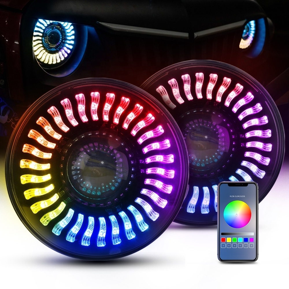 Color Changing car lights led 7 Inch Headlight RGB Halo Light Replacement off road led driving light