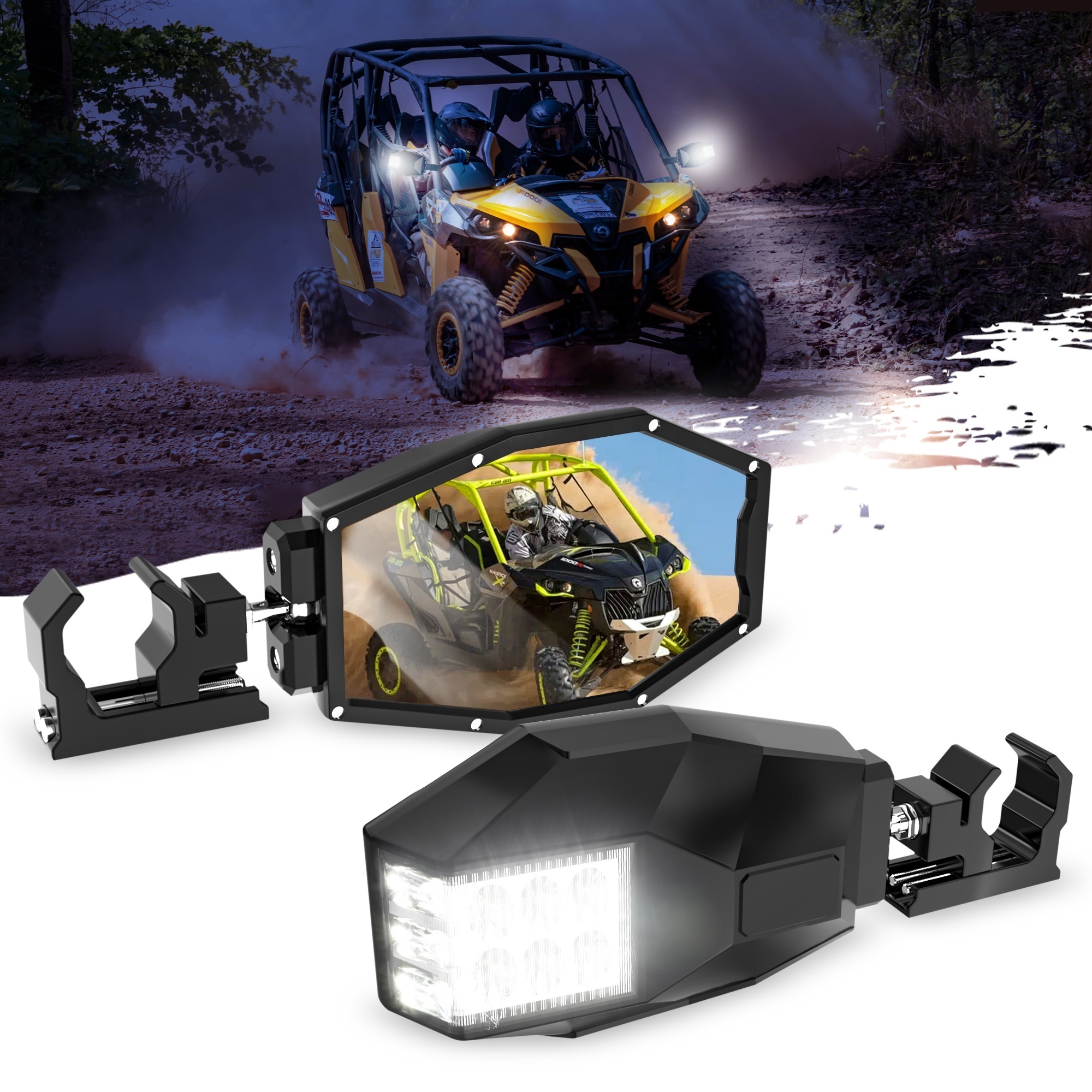 MICTUNING Adjustable White LED Lights 45W TV RZR Side Rear View Mirrors Fits All 1-2 Inch Roll Bar Cage