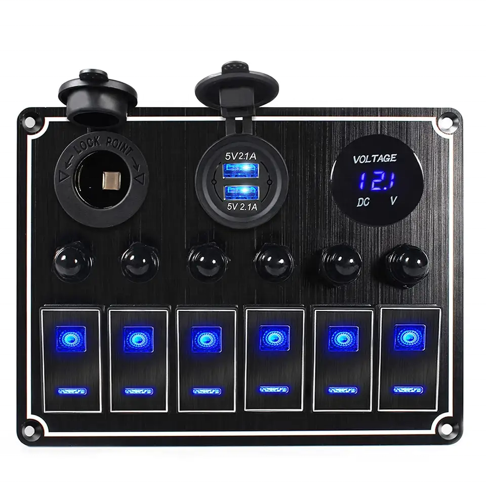 MICTUNING Pre-Wired Multi-Function 6Gang 12V/24V Aluminum Car 5pin on-off Rocker Switch Panel