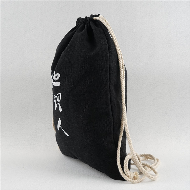 Black canvas backpack, black cotton bag canvas drawstring bag custom design printing