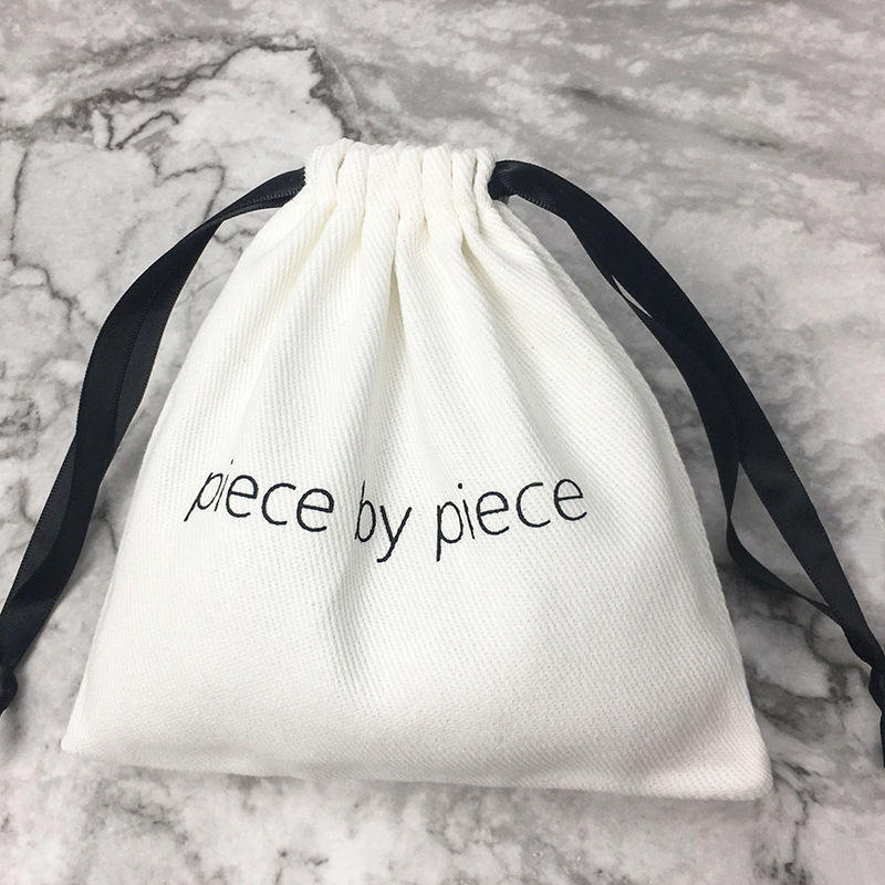 White canvas cotton drawstring bag with black strings custom size logo jewelry drawstring dust bag