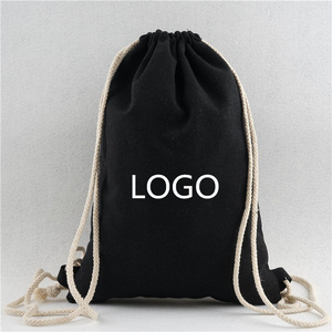 Black canvas backpack, black cotton bag canvas drawstring bag custom design printing