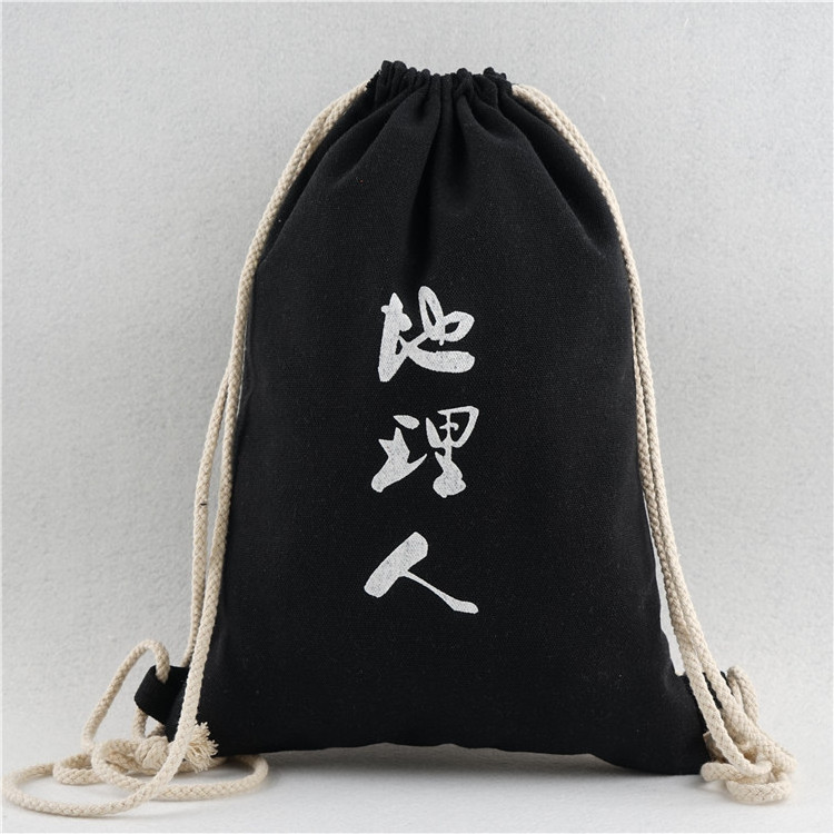 Black canvas backpack, black cotton bag canvas drawstring bag custom design printing