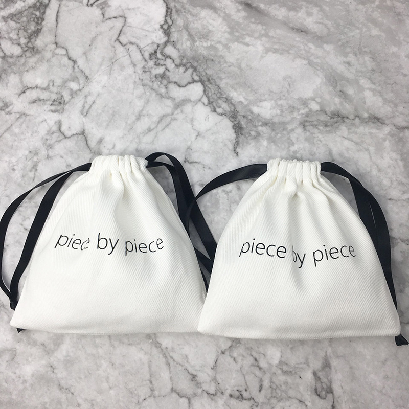 White canvas cotton drawstring bag with black strings custom size logo jewelry drawstring dust bag