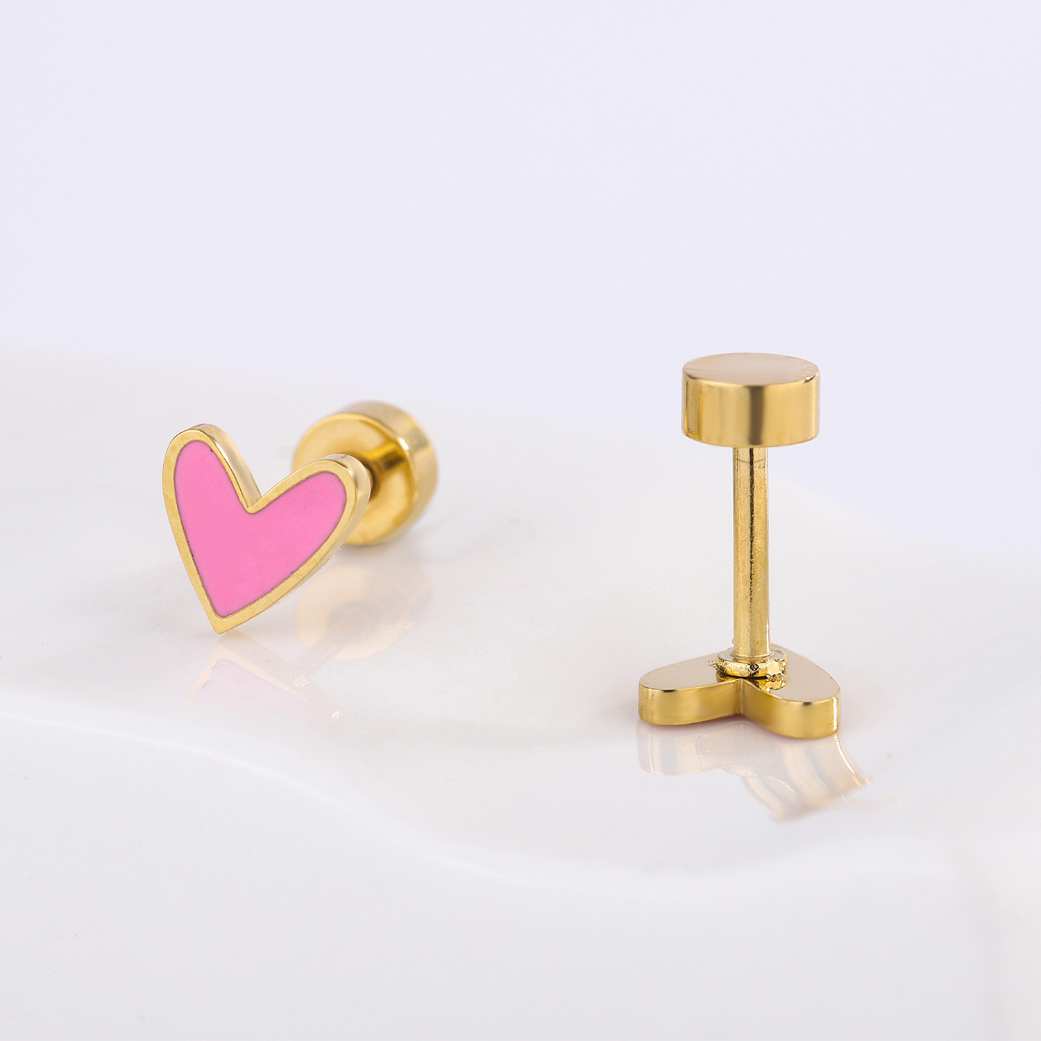 cute pink heart shape plain stud earrings gold colorful enamel stainless steel jewelry for children women girls