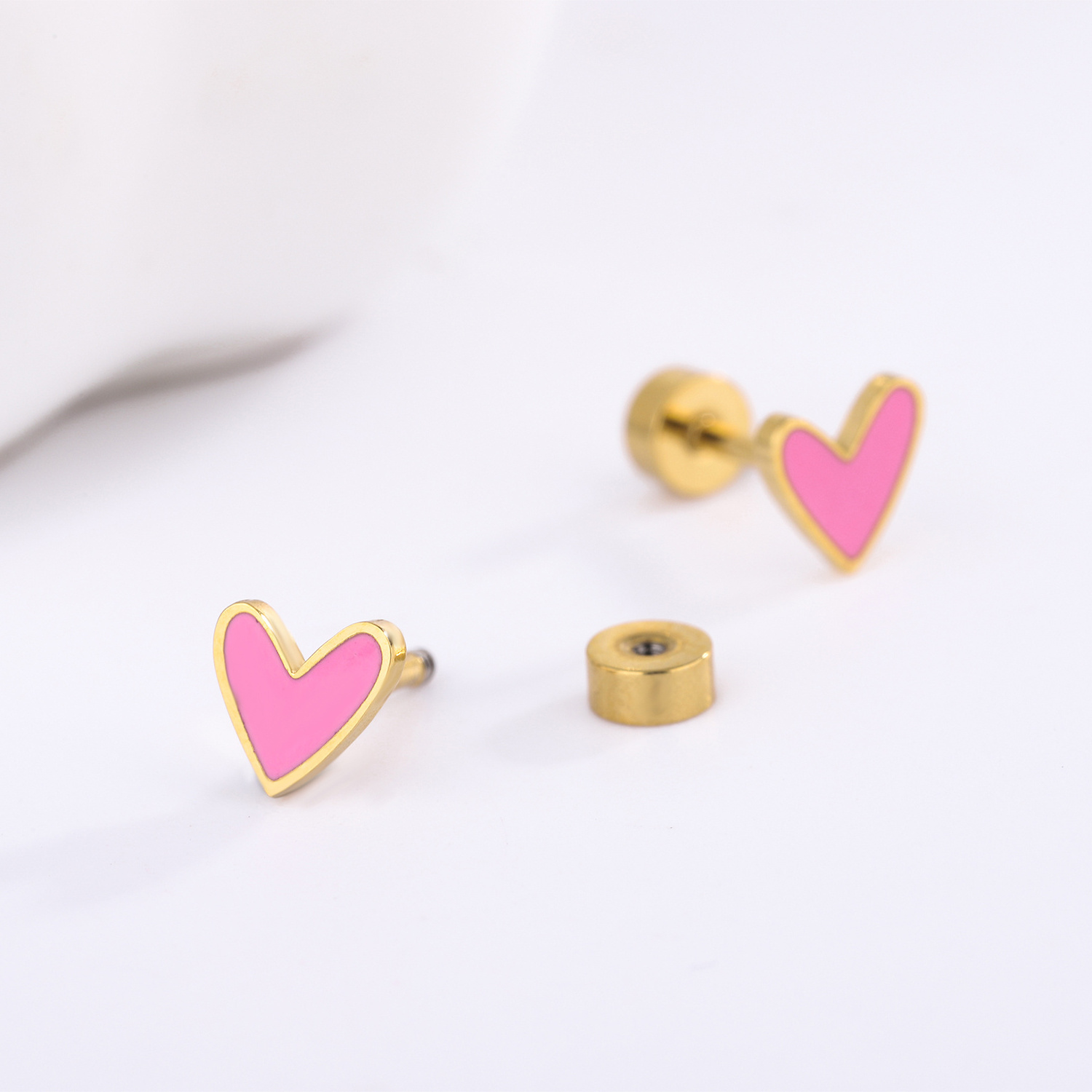 cute pink heart shape plain stud earrings gold colorful enamel stainless steel jewelry for children women girls