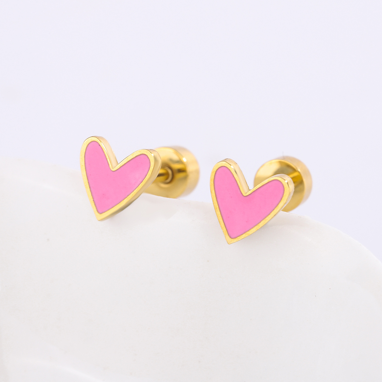 cute pink heart shape plain stud earrings gold colorful enamel stainless steel jewelry for children women girls