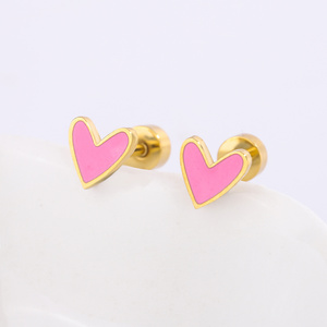 cute pink heart shape plain stud earrings gold colorful enamel stainless steel jewelry for children women girls