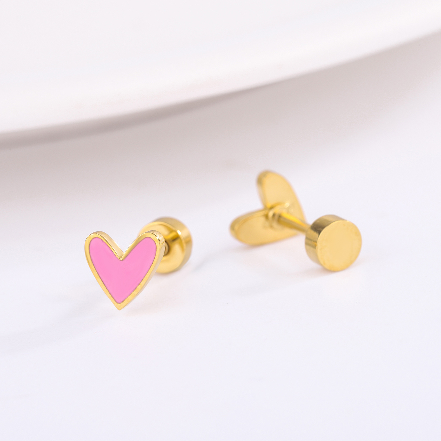 cute pink heart shape plain stud earrings gold colorful enamel stainless steel jewelry for children women girls