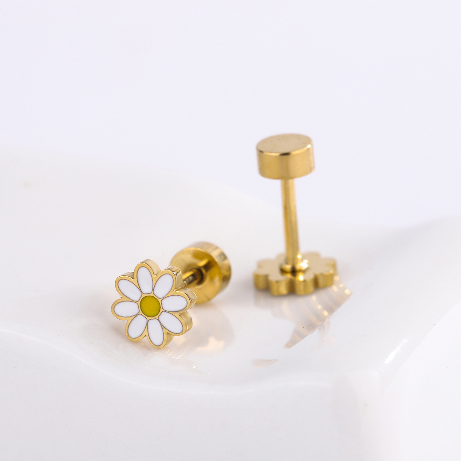 Chrysanthemum  cute flower enamel stud earrings 18K golden stainless steel jewelry for children women girls