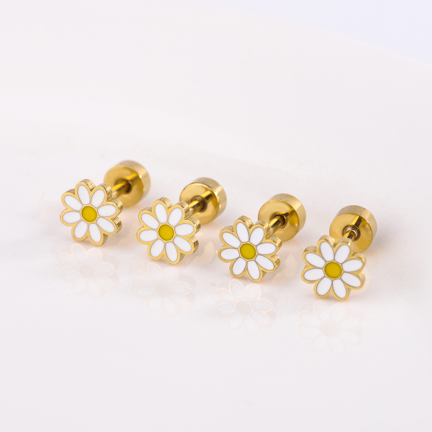 Chrysanthemum  cute flower enamel stud earrings 18K golden stainless steel jewelry for children women girls