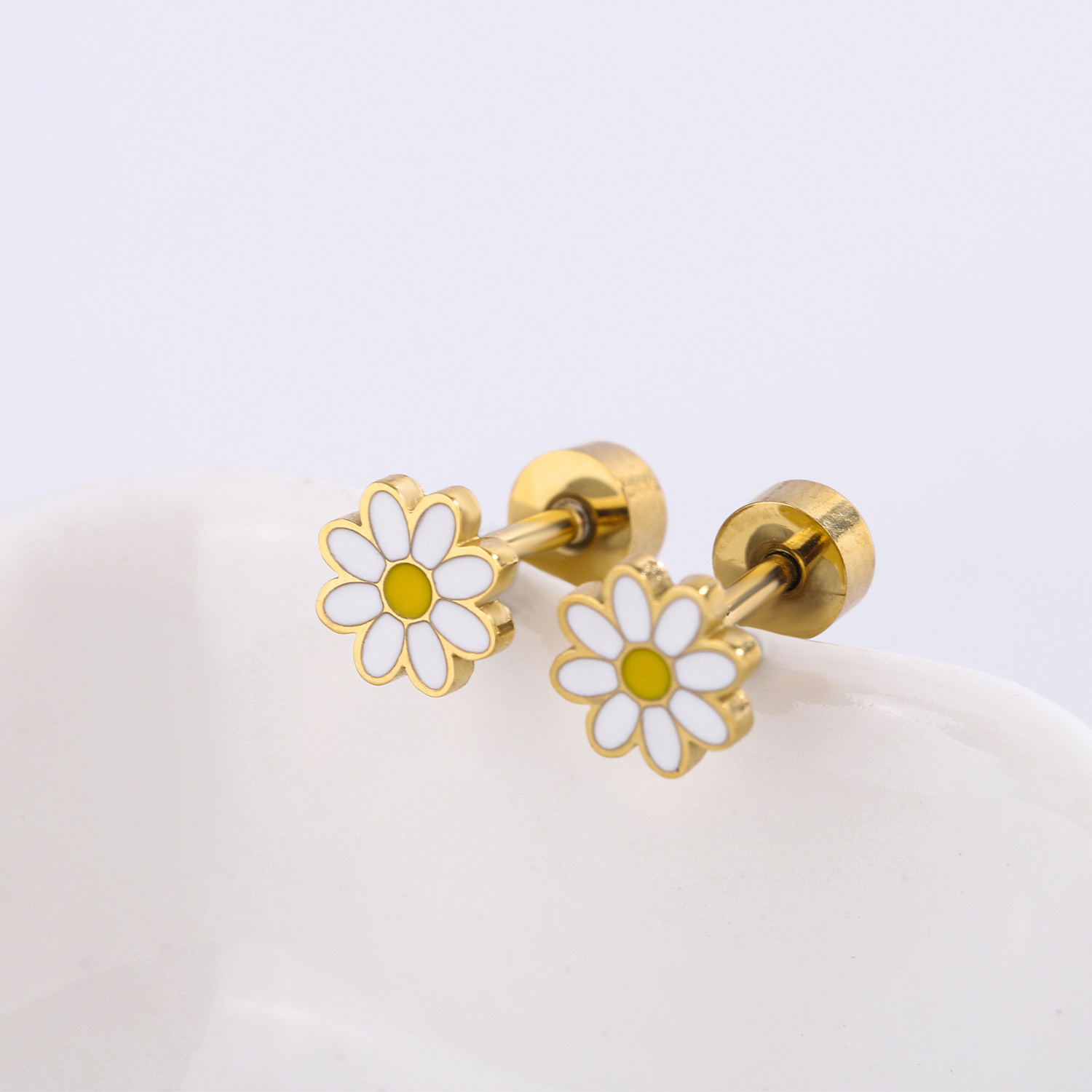 Chrysanthemum  cute flower enamel stud earrings 18K golden stainless steel jewelry for children women girls