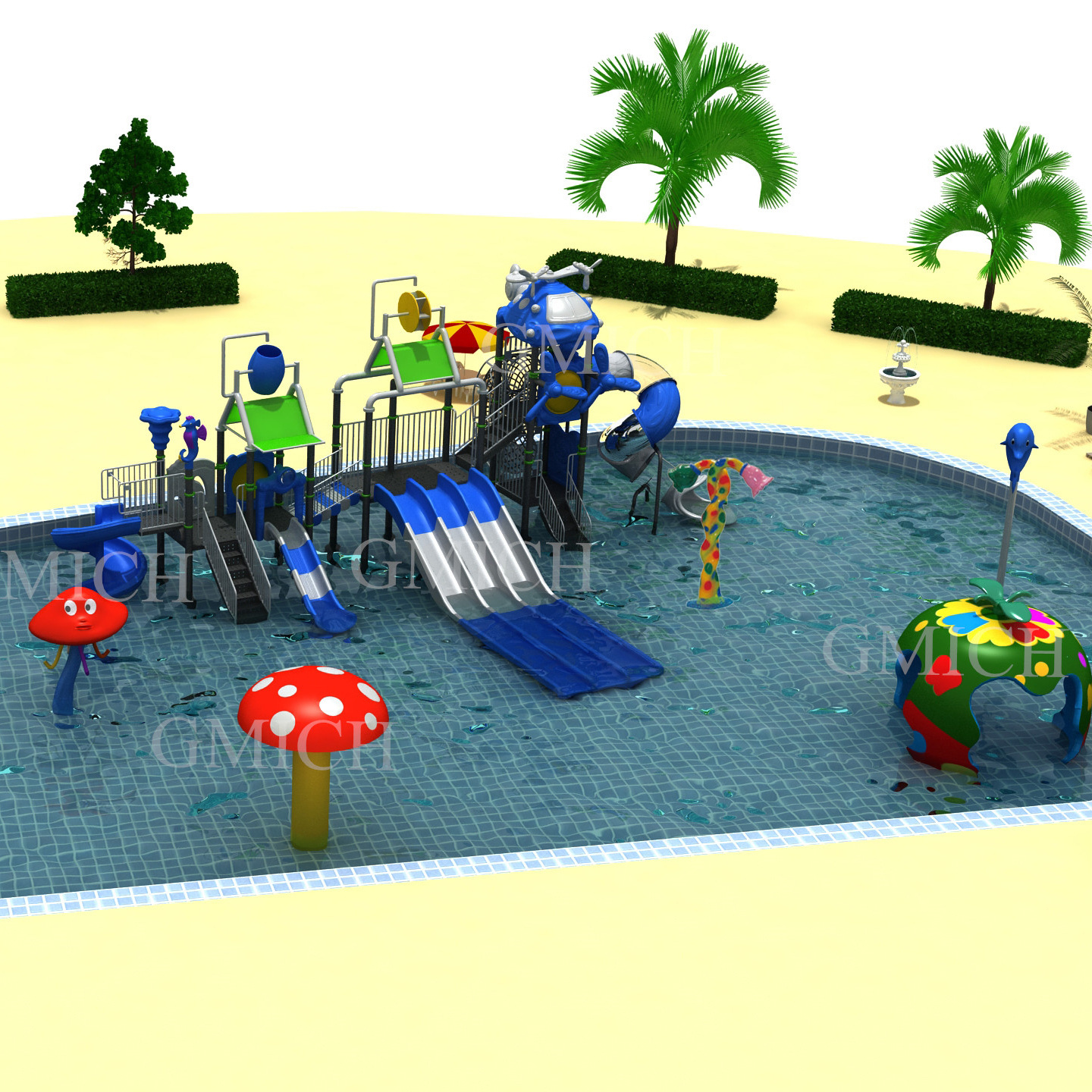 Big fiberglass water park slides with splash spray toys for both kids and adults