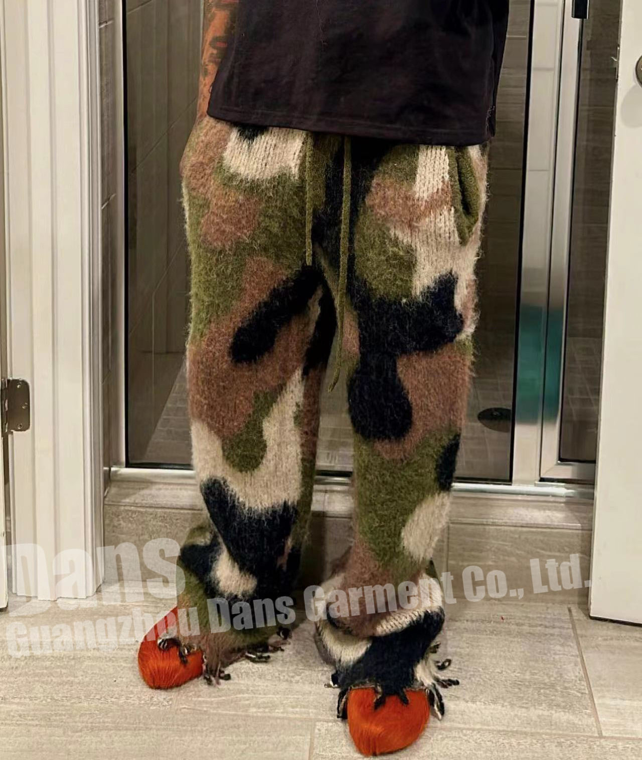 Custom Unisex Mohair Wool Camo Sweat Pants Print Oversized Drawstring Streetwear Fluffy Fuzzy Knit Mohair Track Pants For Men