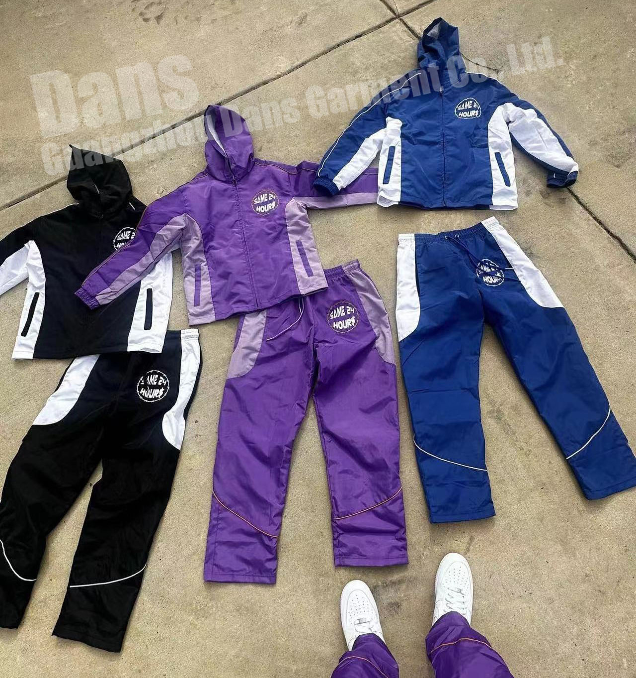 Men Streetwear Polyester Patchwork Zip Up Nylon Jacket Hoodie And Sweatpants Jogger Gym Sets Custom Logo Tracksuits For Unisex