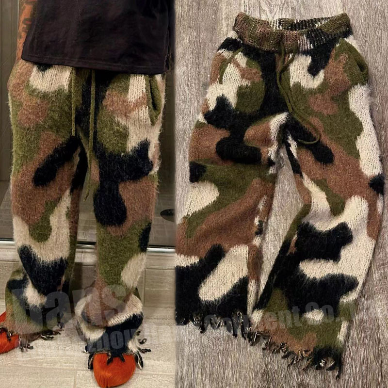 Custom Unisex Mohair Wool Camo Sweat Pants Print Oversized Drawstring Streetwear Fluffy Fuzzy Knit Mohair Track Pants For Men