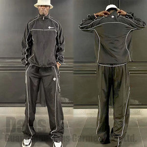 Mens Polyester Tracksuits Zip Up Nylon Jacket And Sweat Pants Jogger Gym Sets Custom Reflective Strips Nylon Sweatsuit For Men