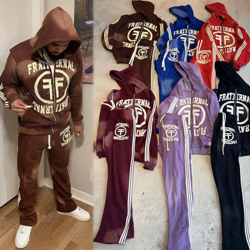 Custom Sweatsuit Flared Sweatpants And Zip Up Hoodie Jogger Set French Terry Sun Faded Patch Embroidery Acid Wash Men Tracksuit