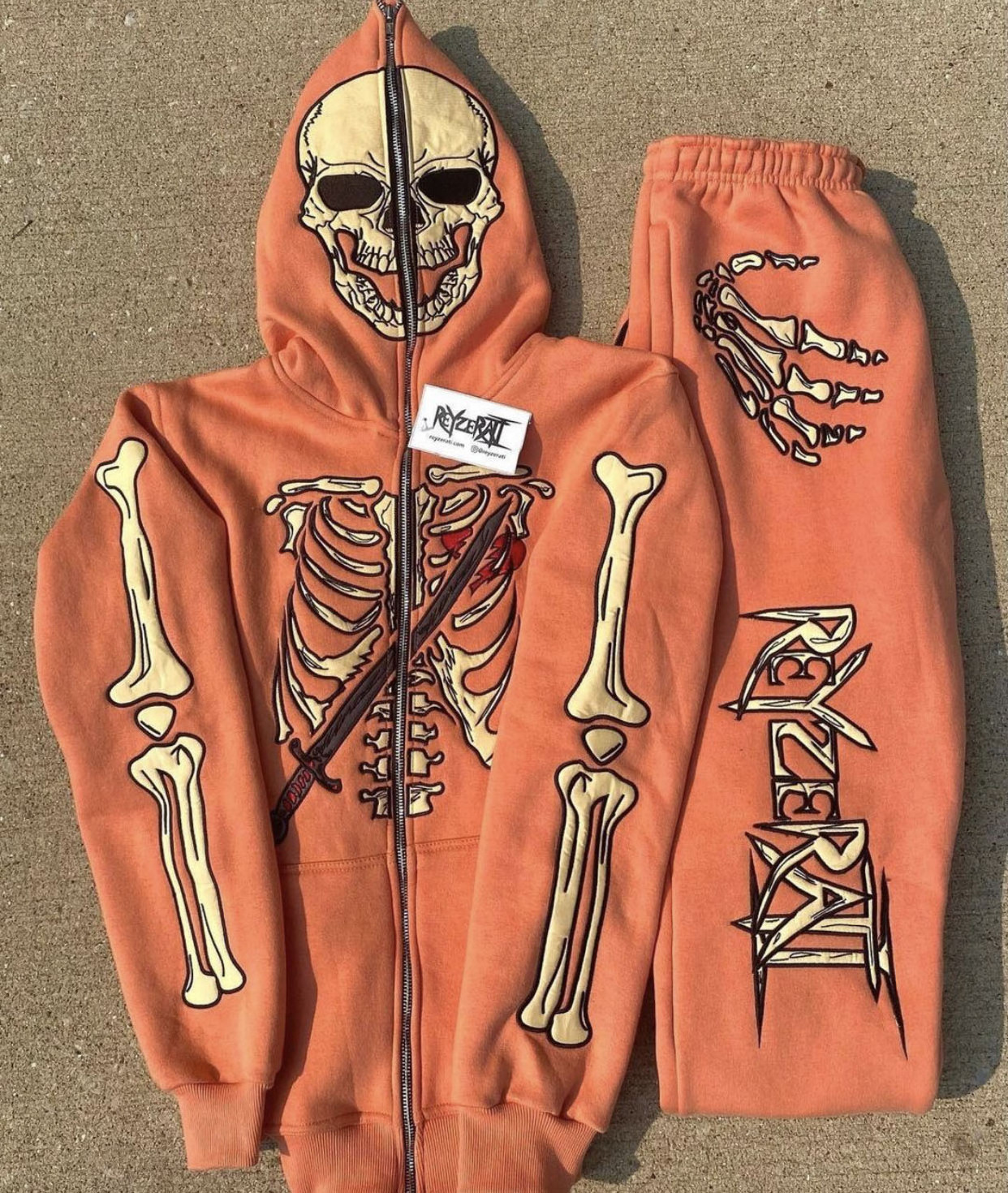 Sportswear Streetwear Custom Embroidered Puff Print Skull Skeleton Pattern 2 Piece Full Face Zip Up Hoodie And Sweatpants Set