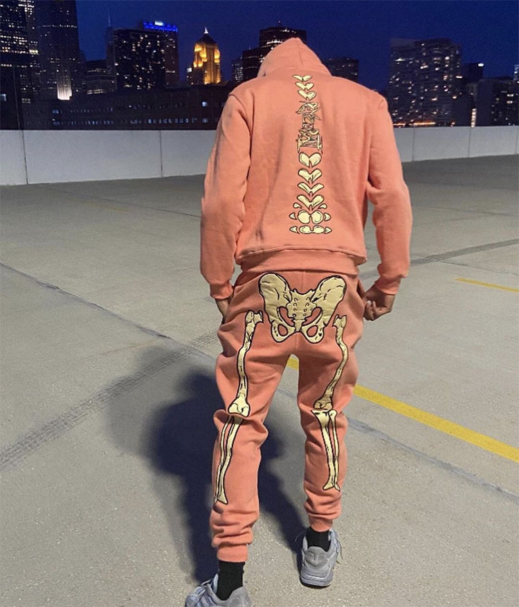 Sportswear Streetwear Custom Embroidered Puff Print Skull Skeleton Pattern 2 Piece Full Face Zip Up Hoodie And Sweatpants Set