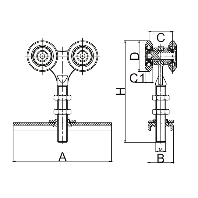 furniture sliding door roller 38mm steel ball wheel four wheel with forge centre fixing plate hanging wheel