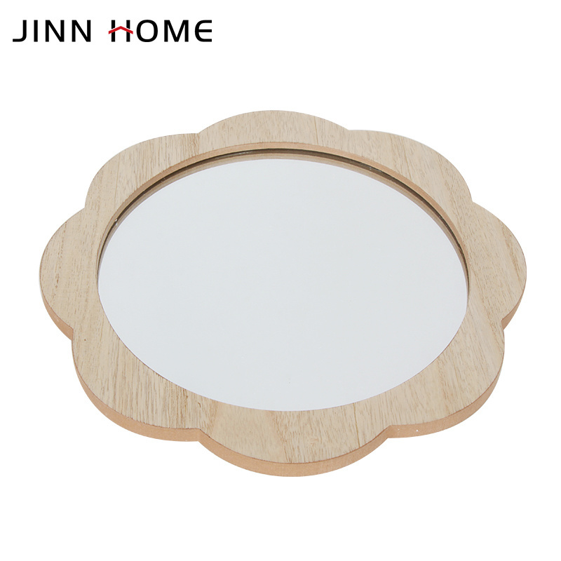 Natural Wooden Flower Shape Wall Hanging Mirror Decorative Circle Mirror Wall Decoration for Bathroom Vanity Home Decor