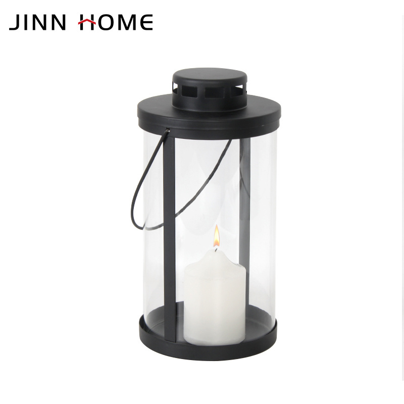 Jinn Home Multiple Choice Portable Black Metal Glass Decoration Outdoor Camping Candle Lantern