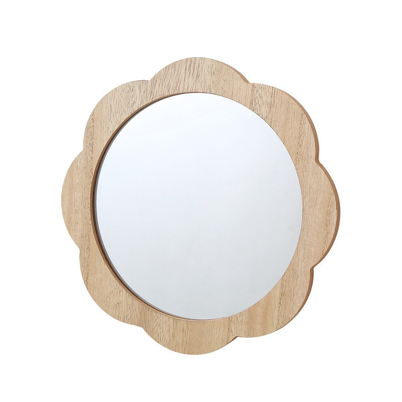 Natural Wooden Flower Shape Wall Hanging Mirror Decorative Circle Mirror Wall Decoration for Bathroom Vanity Home Decor